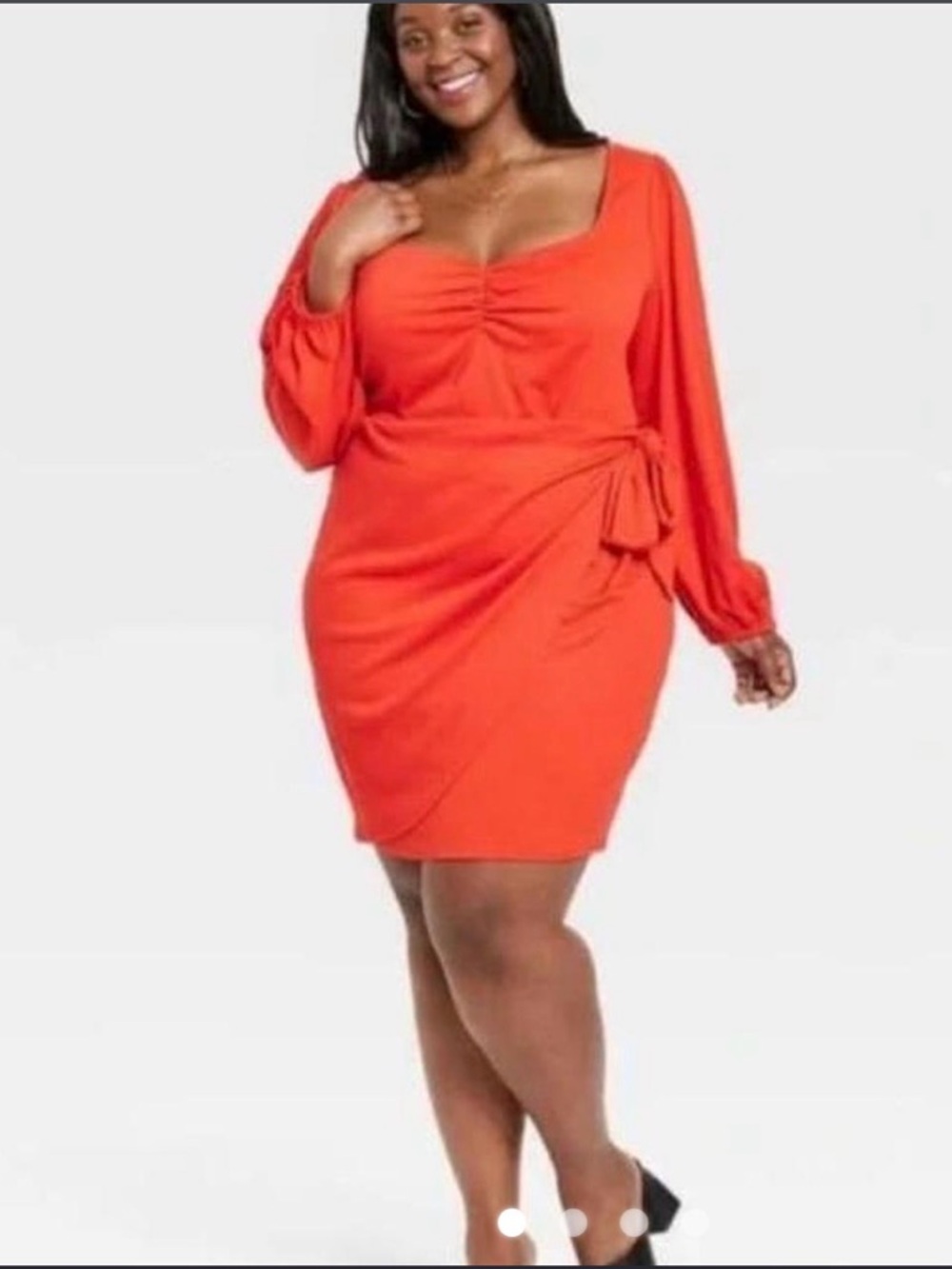 Ava & Viv Orange Ruched Square-Neck Long Sleeve Wrap Dress